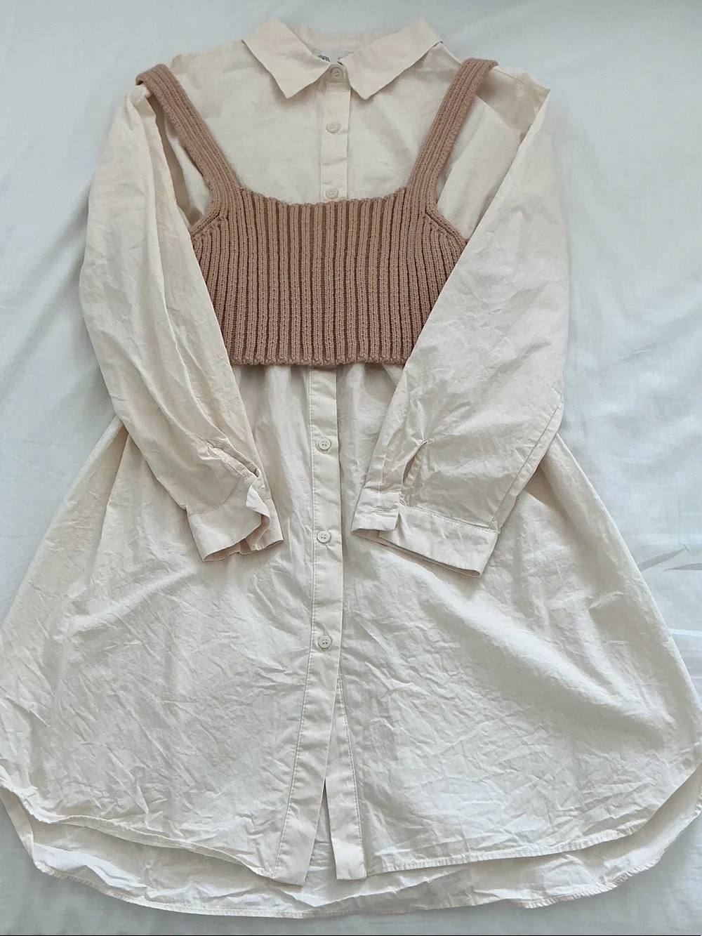 Zara Girls’ Cream Shirt Dress with Beige Knit Crop Top Size 13-14Y